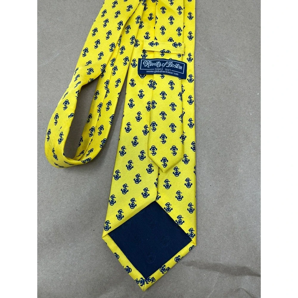 Rivetz of Boston Mens Silk Necktie Yellow Navy Blue Anchor Nautical Handmade Tie